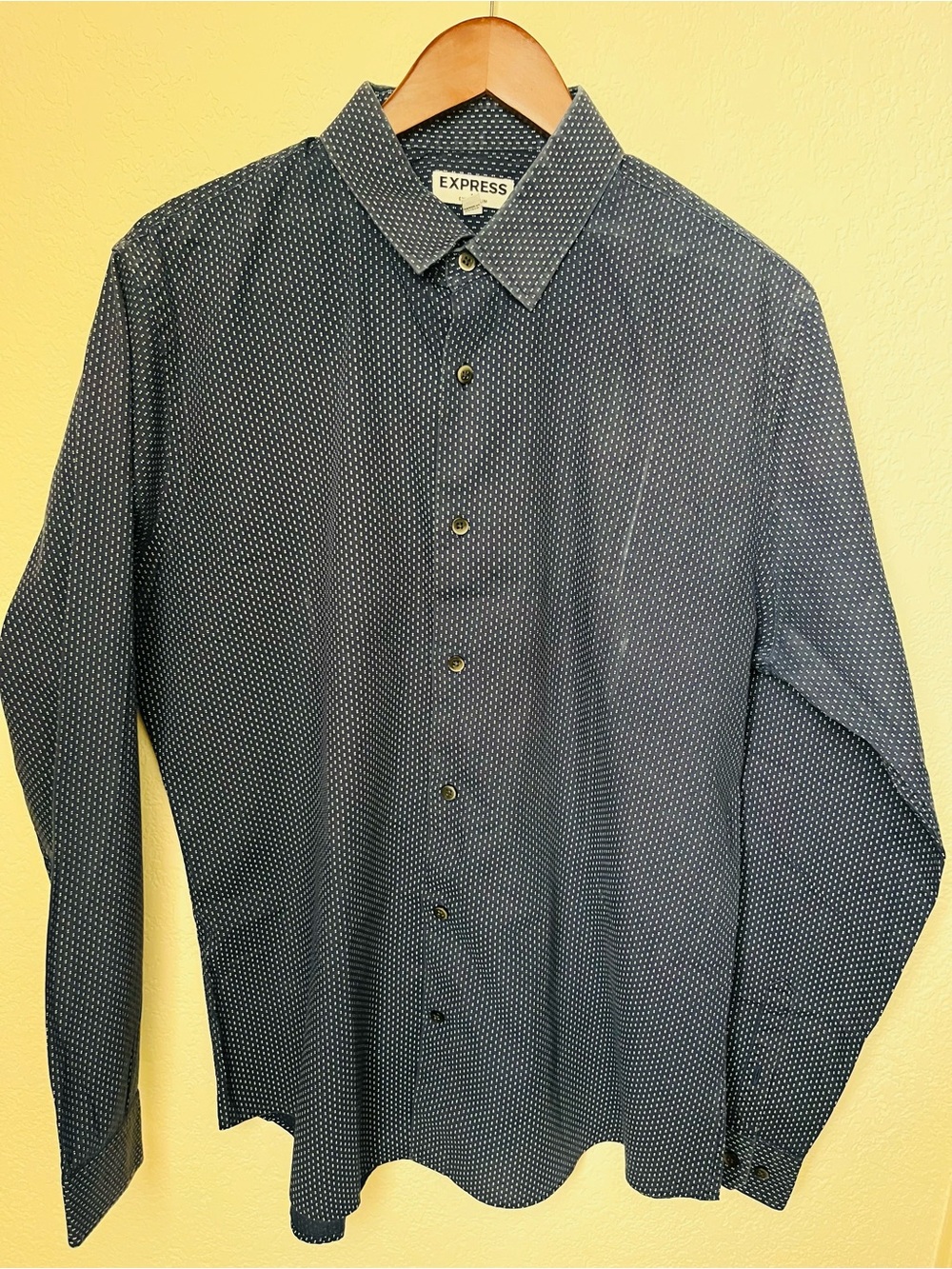 Express Men's Navy Button-Up Shirt with White Micro-Dots